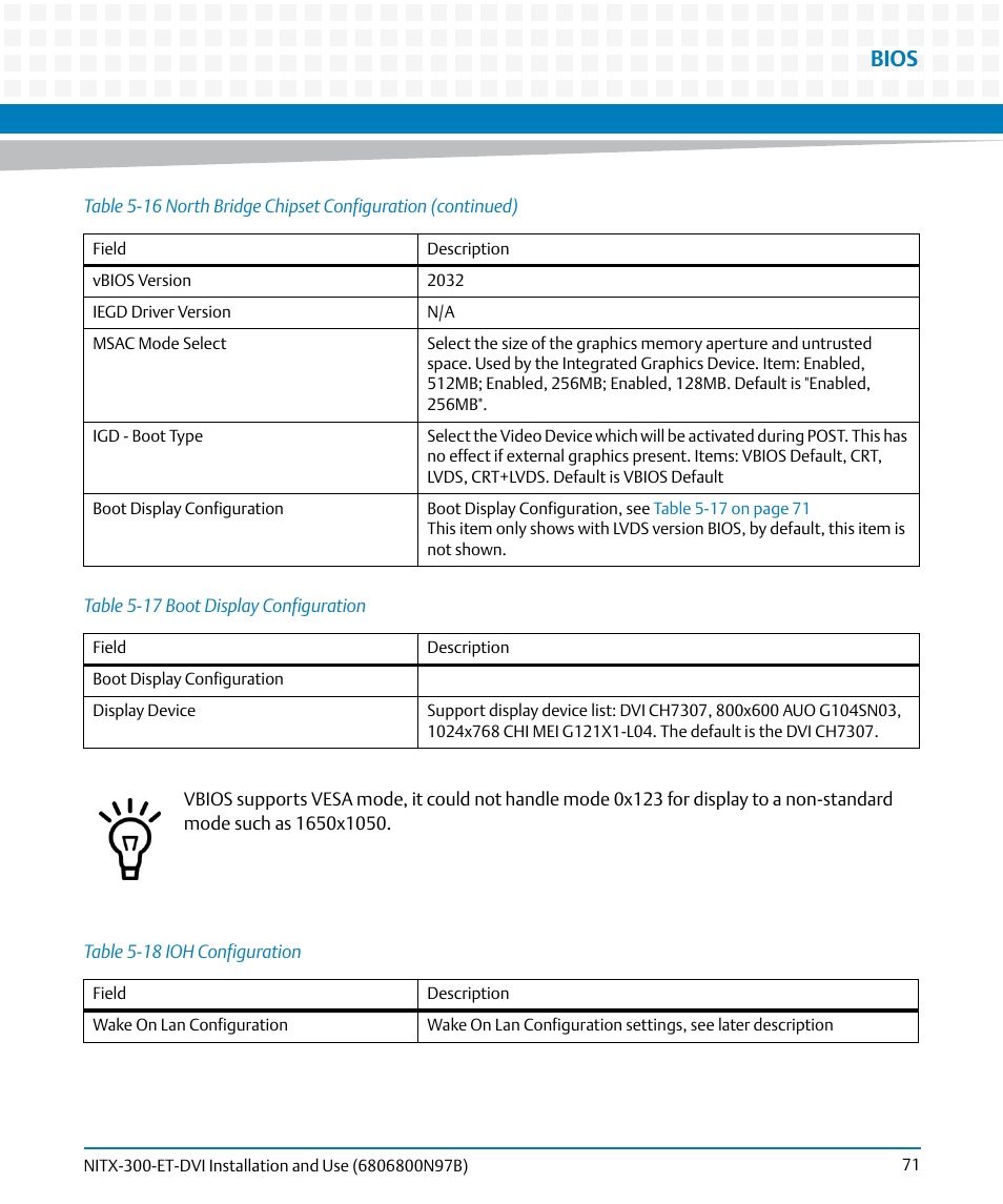 Table 5-17, Boot display configuration, Table 5-18 | Ioh configuration, Bios | Artesyn NITX-300-ET-DVI Installation and Use (August 2014) User Manual | Page 71 / 108