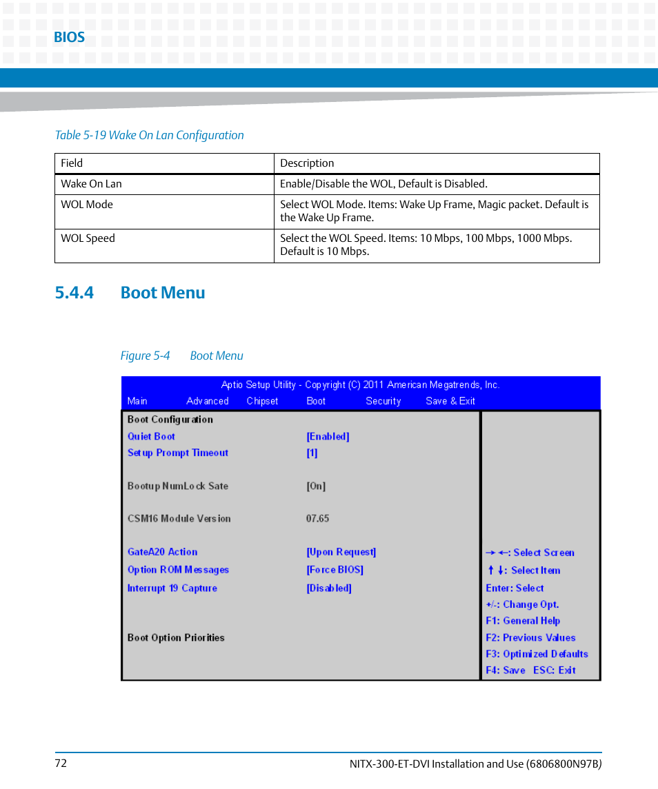 4 boot menu, Table 5-19, Wake on lan configuration | Figure 5-4, Boot menu, Bios | Artesyn NITX-300-ET-DVI Installation and Use (August 2014) User Manual | Page 72 / 108