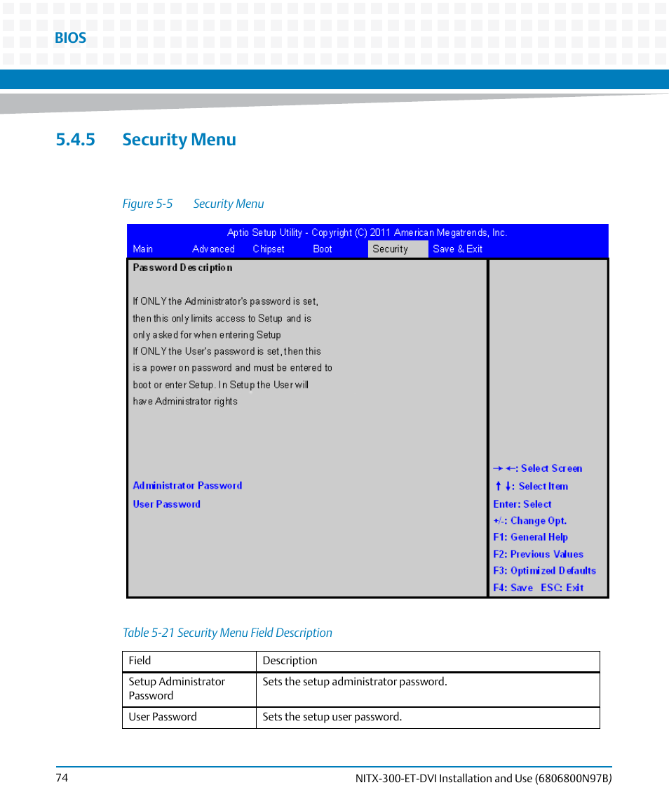 5 security menu, Table 5-21, Security menu field description | Figure 5-5, Security menu, Bios | Artesyn NITX-300-ET-DVI Installation and Use (August 2014) User Manual | Page 74 / 108