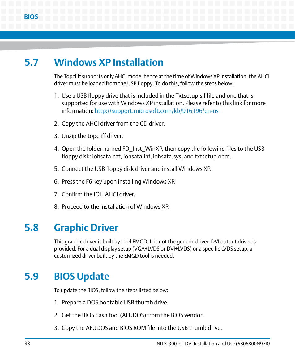7 windows xp installation, 8 graphic driver, 9 bios update | Artesyn NITX-300-ET-DVI Installation and Use (August 2014) User Manual | Page 88 / 108