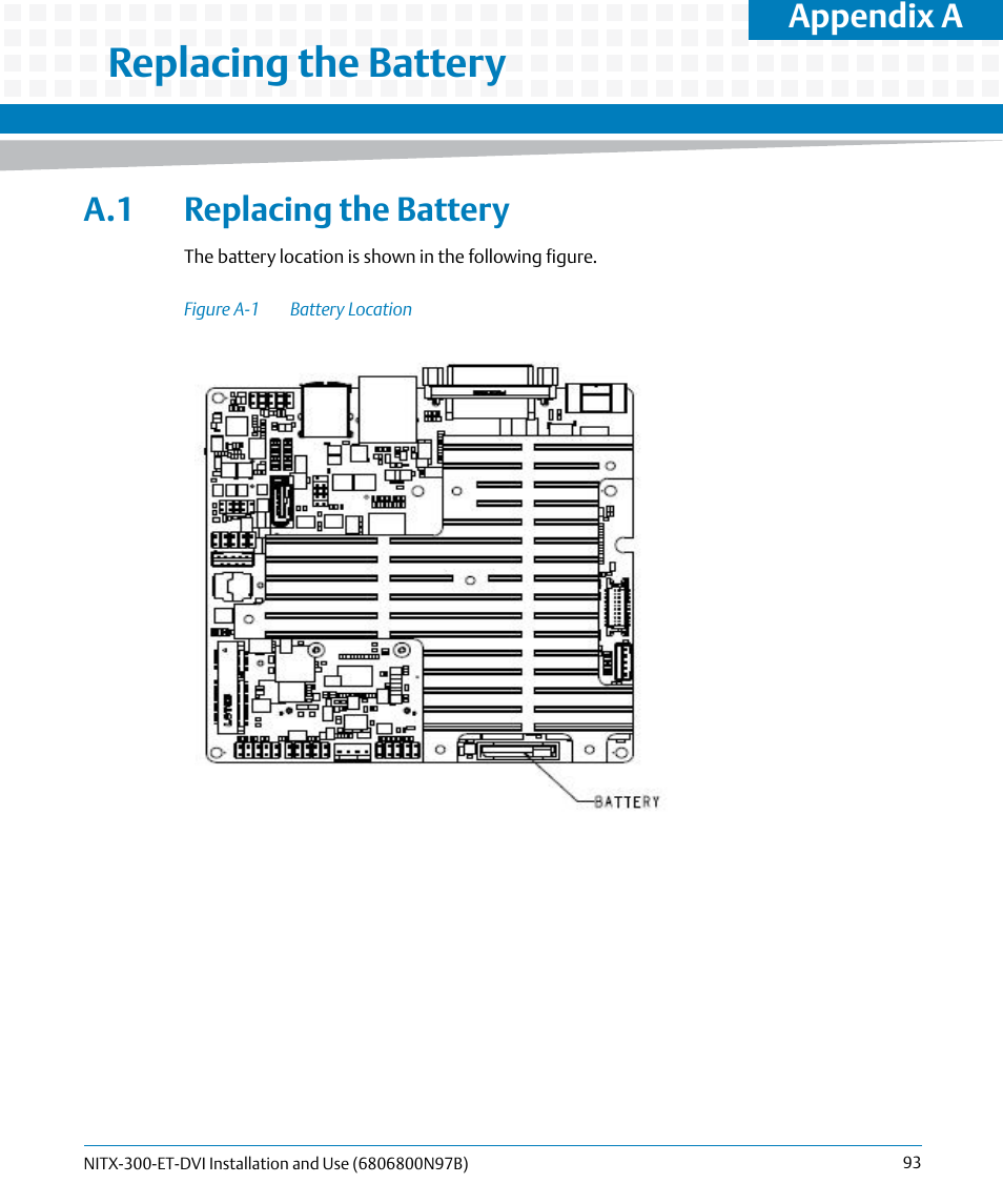 A replacing the battery, A.1 replacing the battery, Figure a-1 | Battery location, Replacing the battery, Appendix a | Artesyn NITX-300-ET-DVI Installation and Use (August 2014) User Manual | Page 93 / 108