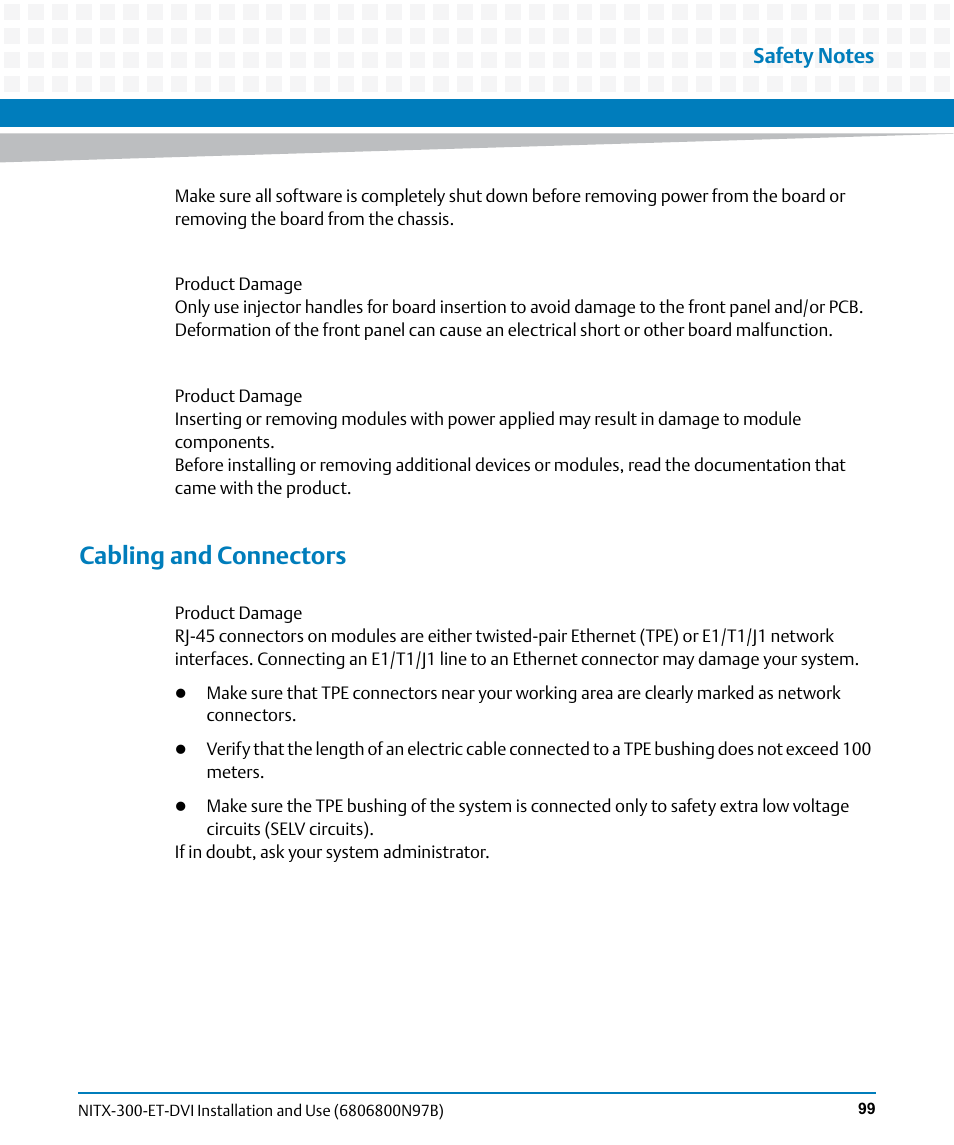 Cabling and connectors | Artesyn NITX-300-ET-DVI Installation and Use (August 2014) User Manual | Page 99 / 108