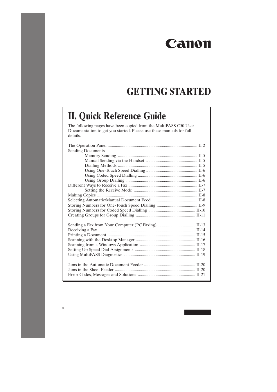 Ii. quick reference guide, Facsimiles, Multipass | Getting started | Canon C50 User Manual | Page 18 / 48