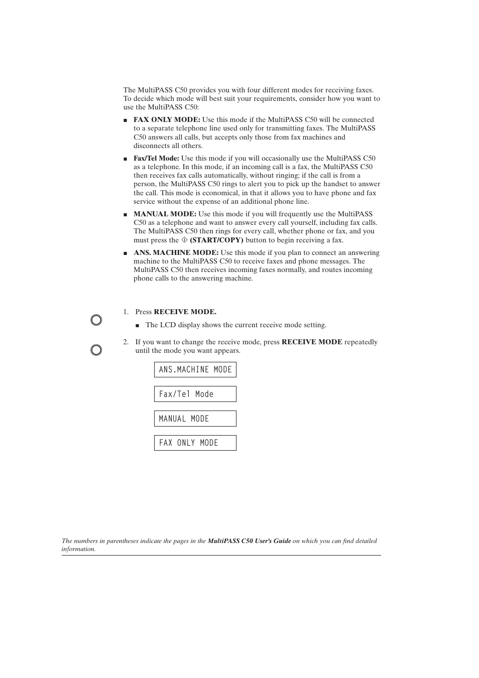 Different ways to receive a fax (5-2), Setting the receive mode (5-3) | Canon C50 User Manual | Page 24 / 48