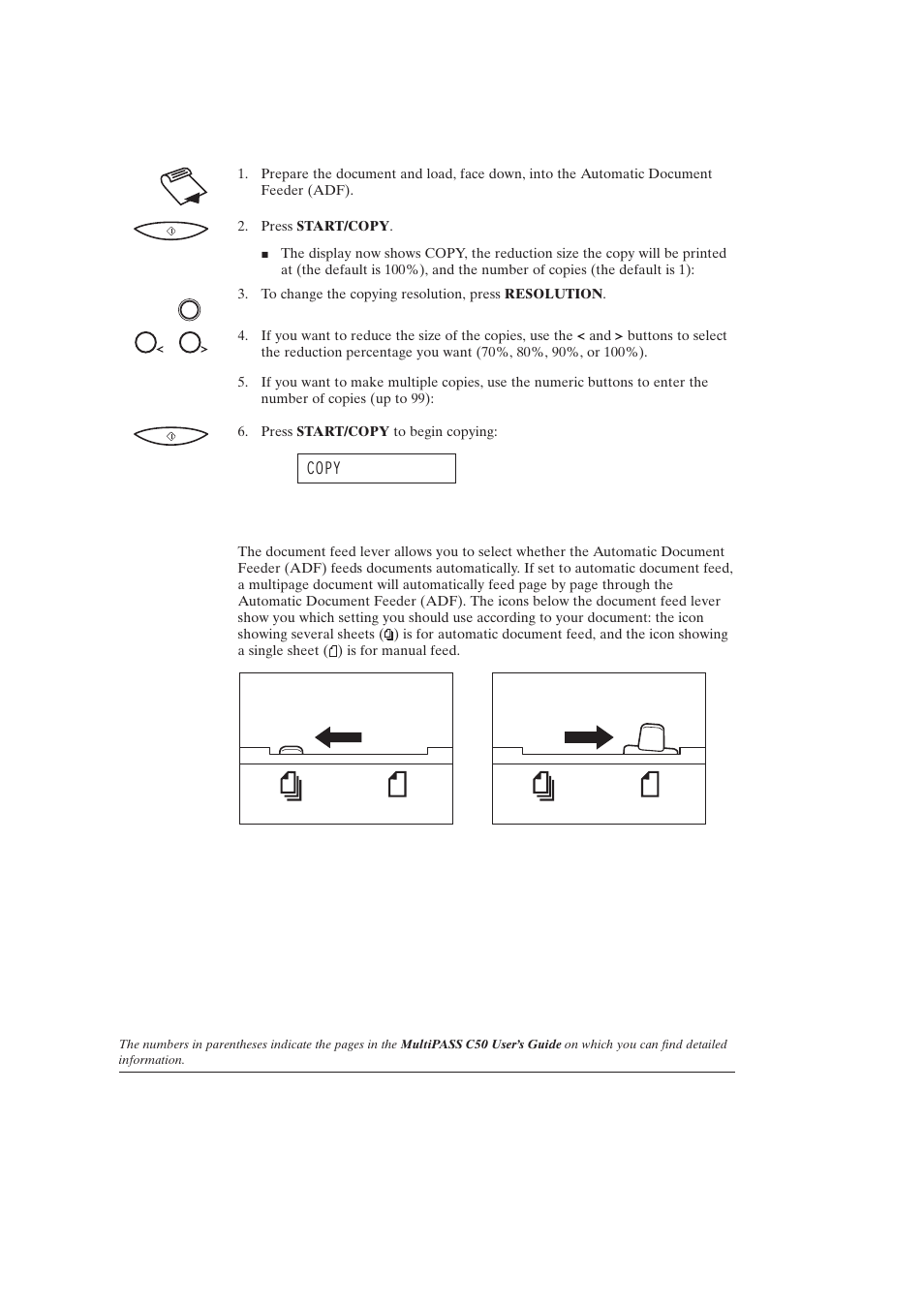 Making copies (6-13), Selecting automatic/manual document feed (6-5) | Canon C50 User Manual | Page 25 / 48