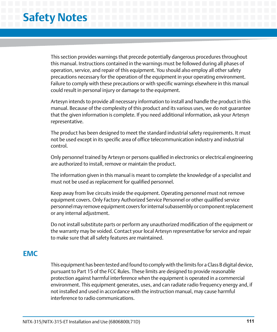 Safety notes | Artesyn NITX-315/NITX-315-ET Installation and Use (August 2014) User Manual | Page 111 / 122