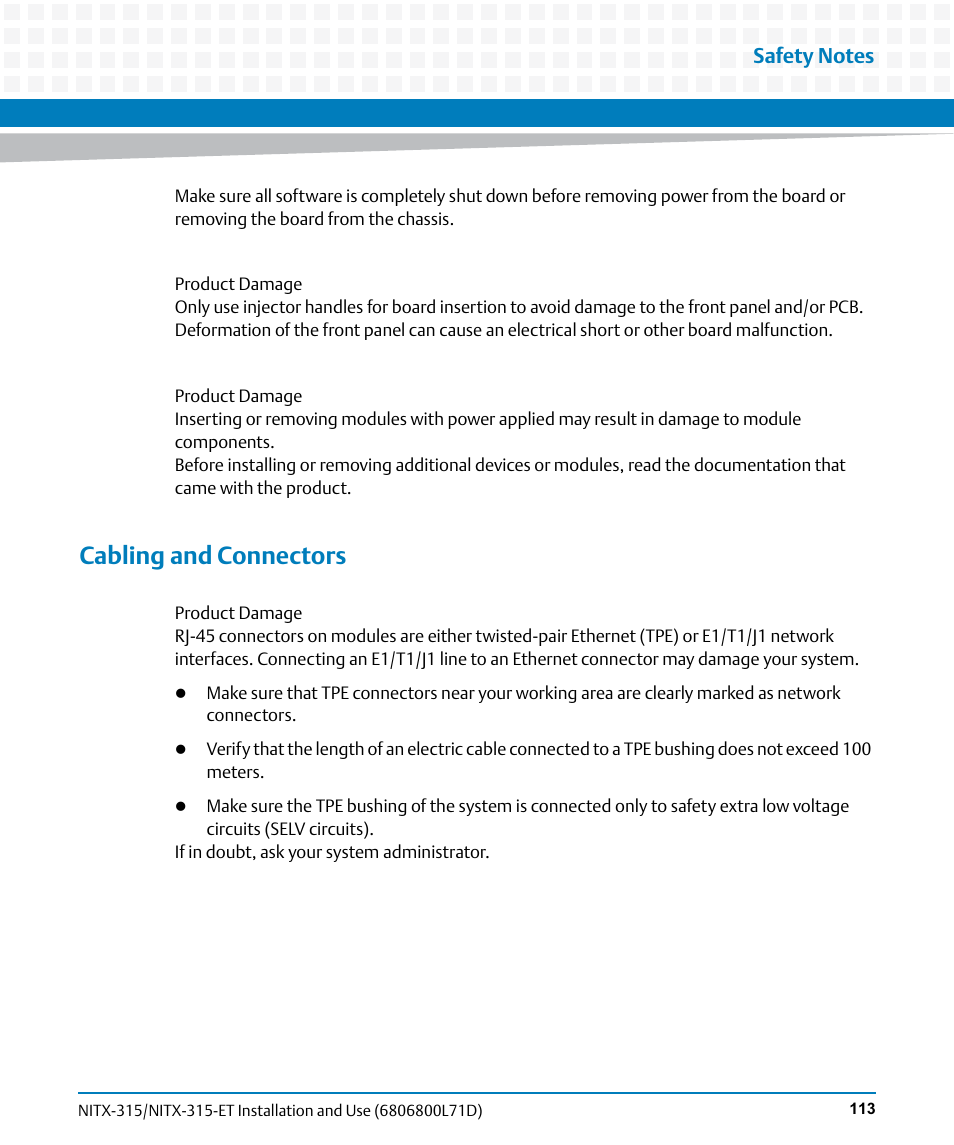 Cabling and connectors | Artesyn NITX-315/NITX-315-ET Installation and Use (August 2014) User Manual | Page 113 / 122