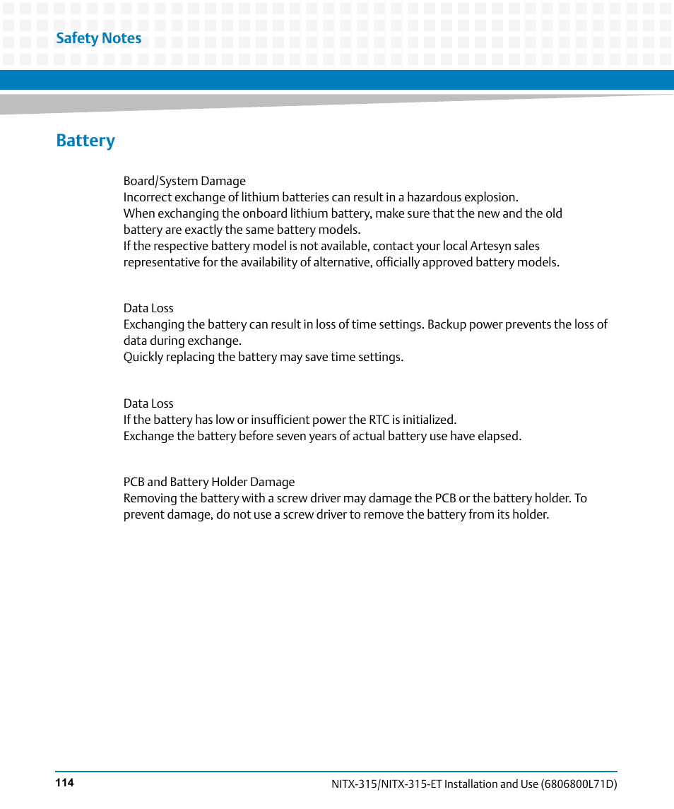 Battery | Artesyn NITX-315/NITX-315-ET Installation and Use (August 2014) User Manual | Page 114 / 122
