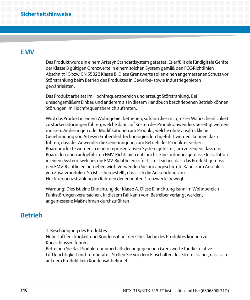 Betrieb | Artesyn NITX-315/NITX-315-ET Installation and Use (August 2014) User Manual | Page 116 / 122