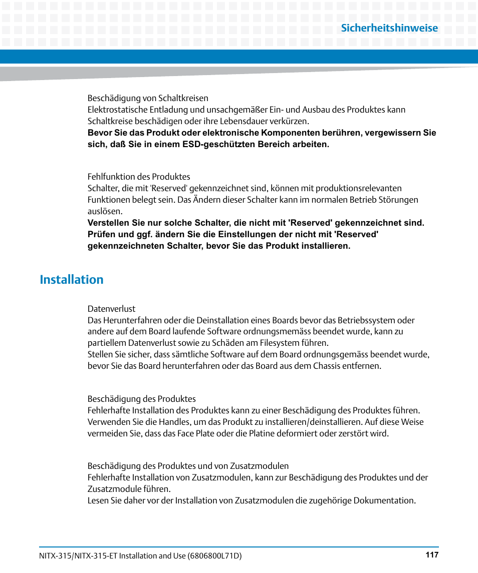 Installation, Sicherheitshinweise | Artesyn NITX-315/NITX-315-ET Installation and Use (August 2014) User Manual | Page 117 / 122