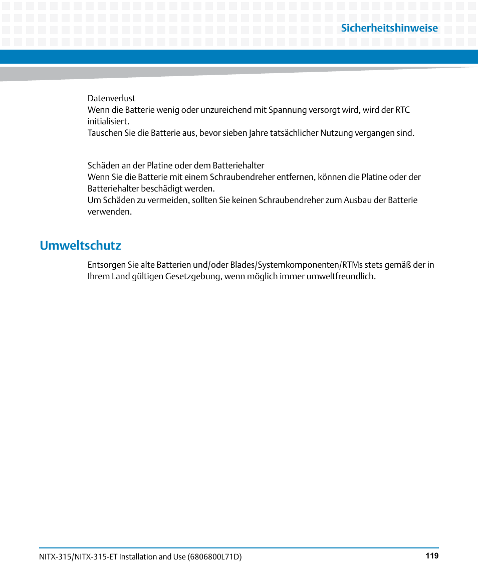 Umweltschutz | Artesyn NITX-315/NITX-315-ET Installation and Use (August 2014) User Manual | Page 119 / 122