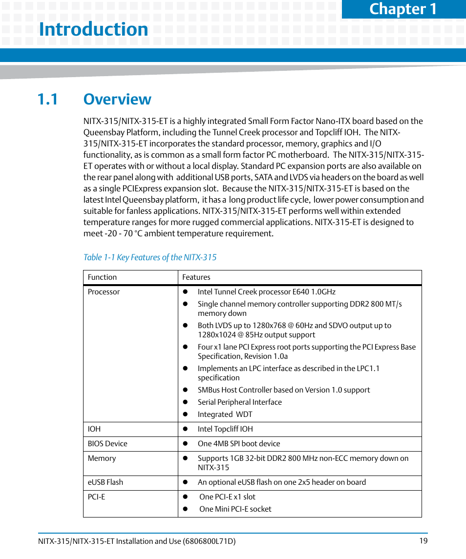 Introduction, 1 overview, Table 1-1 | Key features of the nitx-315, Chapter 1 | Artesyn NITX-315/NITX-315-ET Installation and Use (August 2014) User Manual | Page 19 / 122