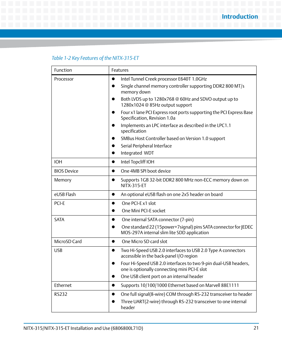 Table 1-2, Key features of the nitx-315-et, Introduction | Artesyn NITX-315/NITX-315-ET Installation and Use (August 2014) User Manual | Page 21 / 122