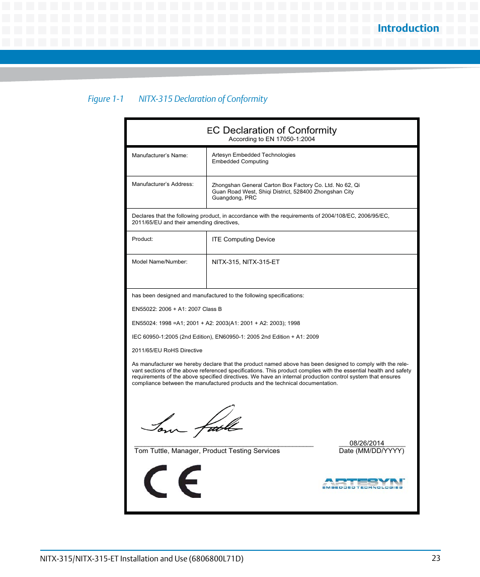 Figure 1-1, Nitx-315 declaration of conformity, Introduction | C declaration of conformity | Artesyn NITX-315/NITX-315-ET Installation and Use (August 2014) User Manual | Page 23 / 122