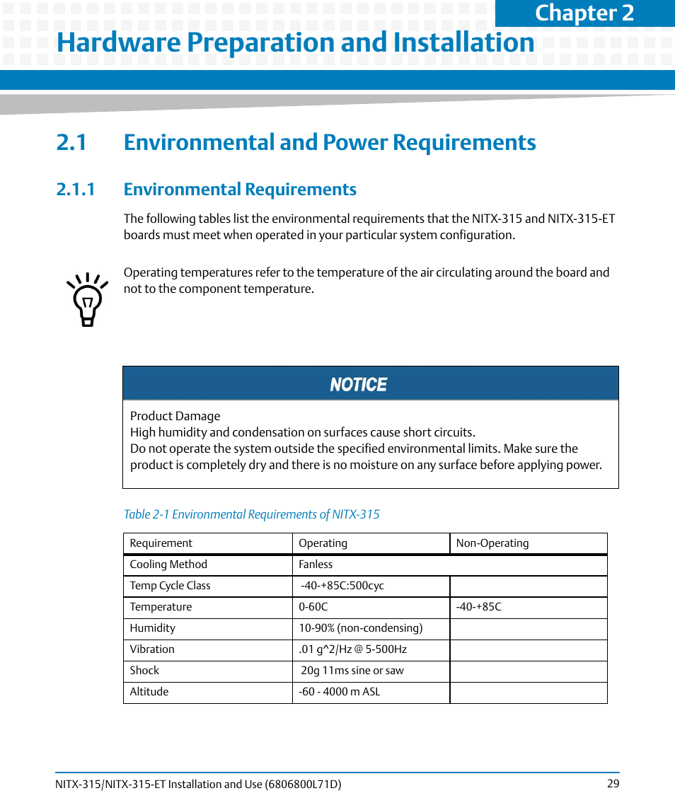 Hardware preparation and installation, 1 environmental and power requirements, 1 environmental requirements | Table 2-1, Environmental requirements of nitx-315, Outline, Table "environmental requirements of, Chapter 2 | Artesyn NITX-315/NITX-315-ET Installation and Use (August 2014) User Manual | Page 29 / 122