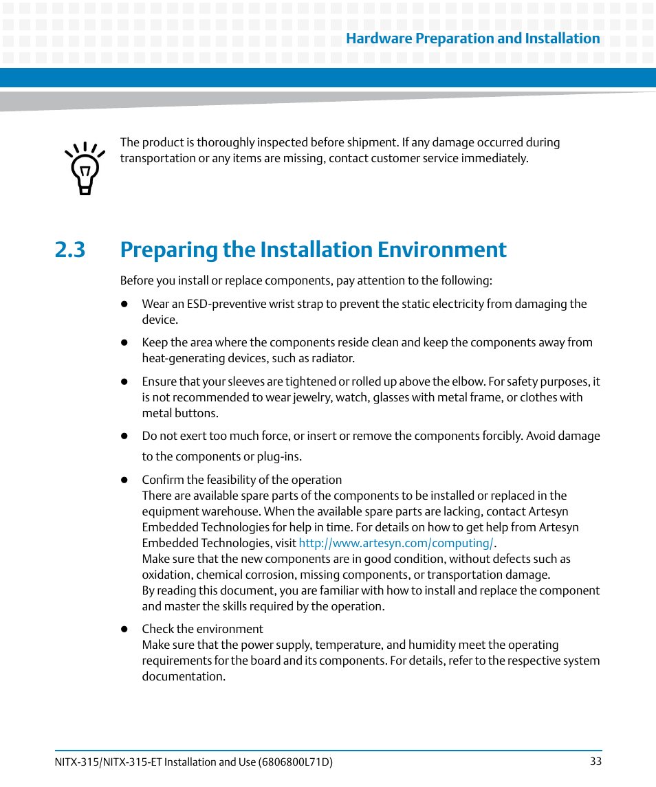 3 preparing the installation environment | Artesyn NITX-315/NITX-315-ET Installation and Use (August 2014) User Manual | Page 33 / 122
