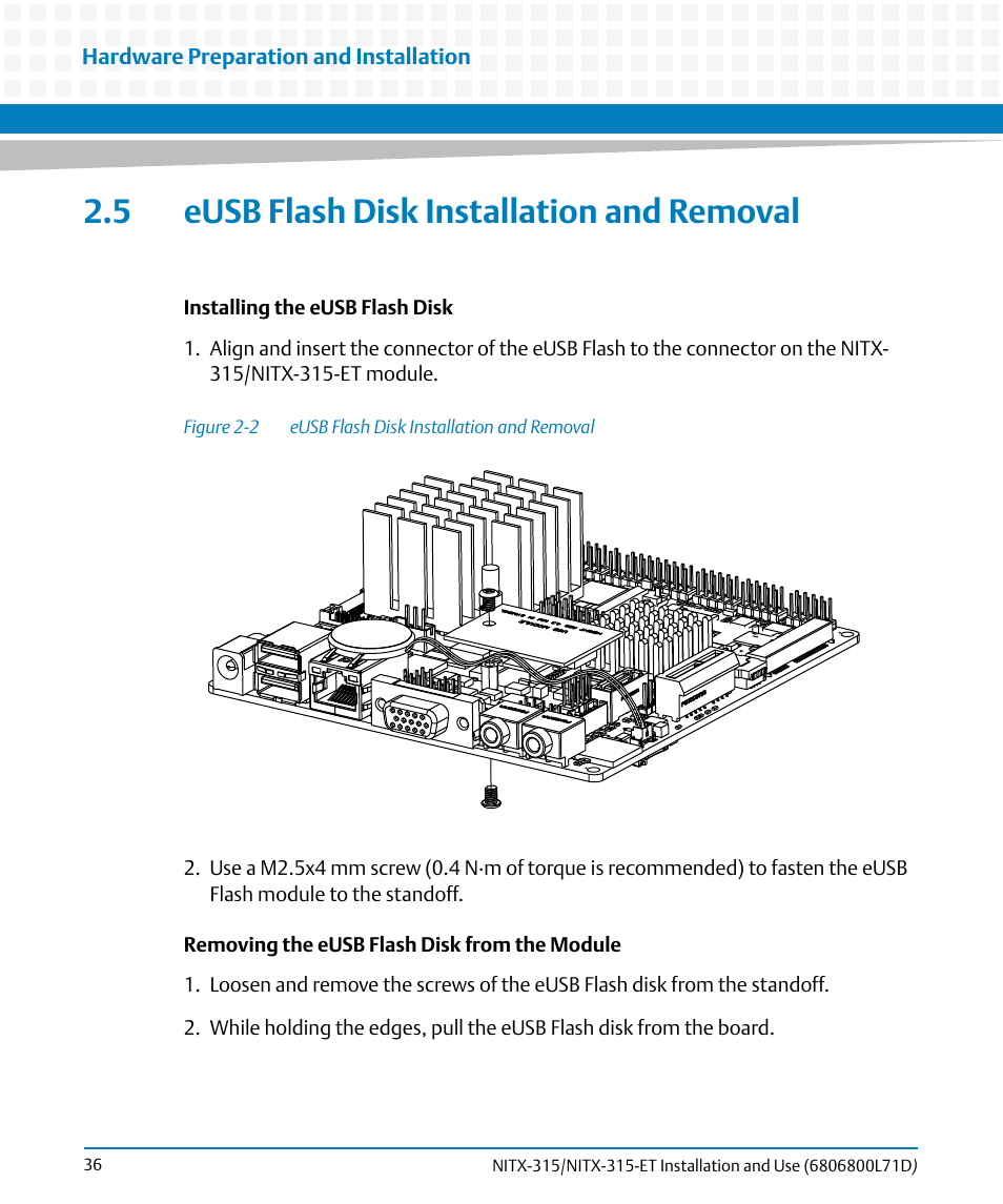 5 eusb flash disk installation and removal, Figure 2-2, Eusb flash disk installation and removal | Figure "eusb flash disk installation and | Artesyn NITX-315/NITX-315-ET Installation and Use (August 2014) User Manual | Page 36 / 122
