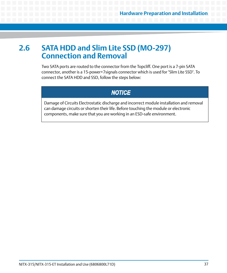 Chapter 2, sata hdd and slim lite ssd (mo | Artesyn NITX-315/NITX-315-ET Installation and Use (August 2014) User Manual | Page 37 / 122