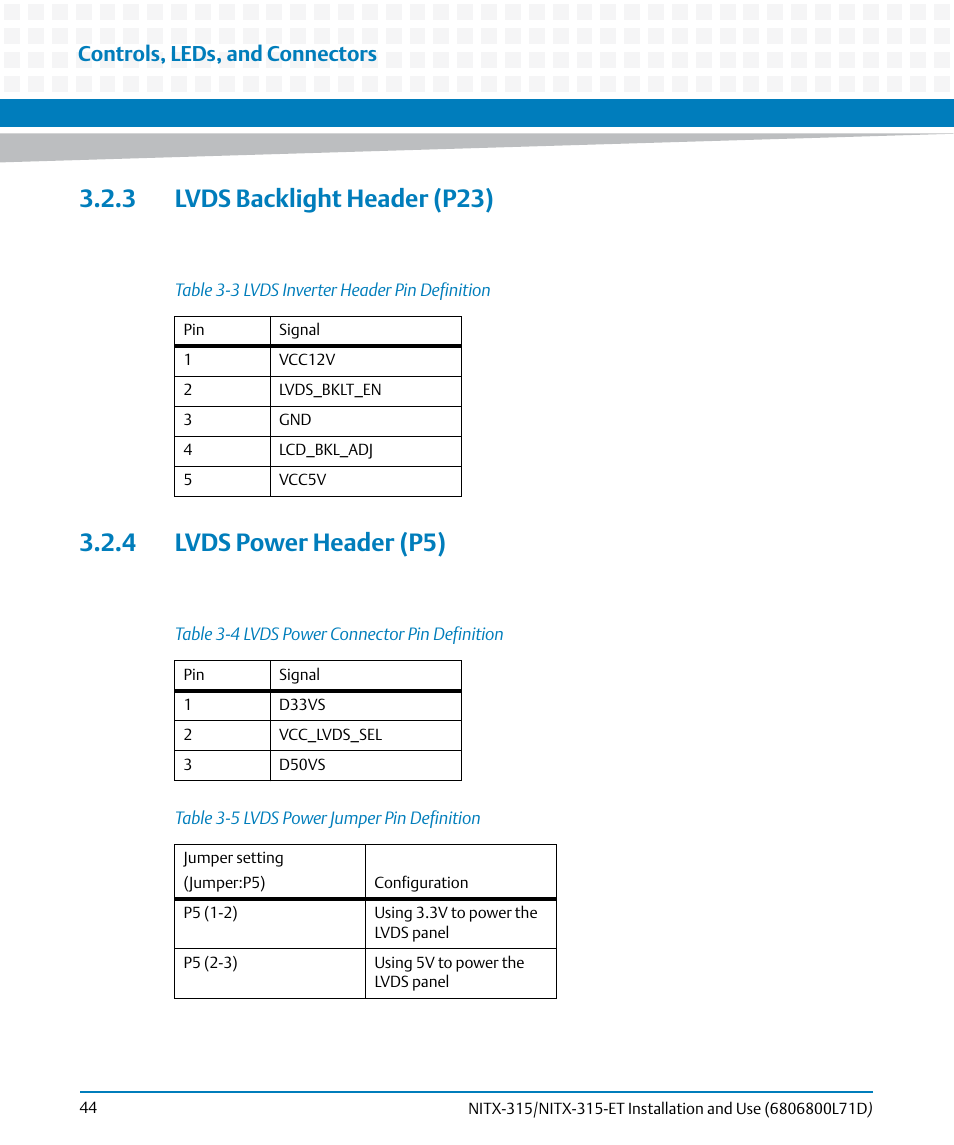 3 lvds backlight header (p23), 4 lvds power header (p5), Table 3-3 | Lvds inverter header pin definition, Table 3-4, Lvds power connector pin definition, Table 3-5, Lvds power jumper pin definition, Controls, leds, and connectors | Artesyn NITX-315/NITX-315-ET Installation and Use (August 2014) User Manual | Page 44 / 122