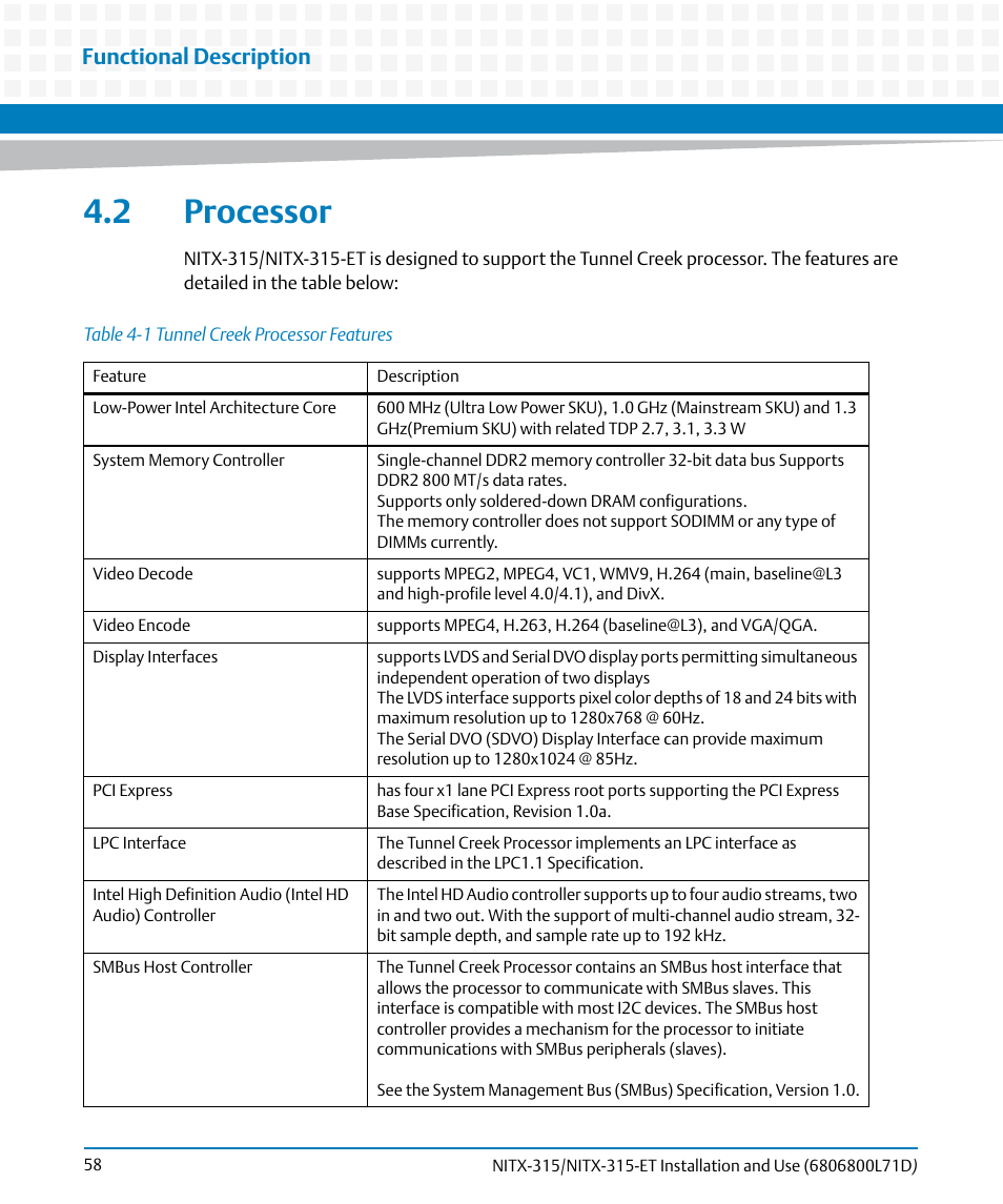 2 processor, Table 4-1, Tunnel creek processor features | Functional description | Artesyn NITX-315/NITX-315-ET Installation and Use (August 2014) User Manual | Page 58 / 122