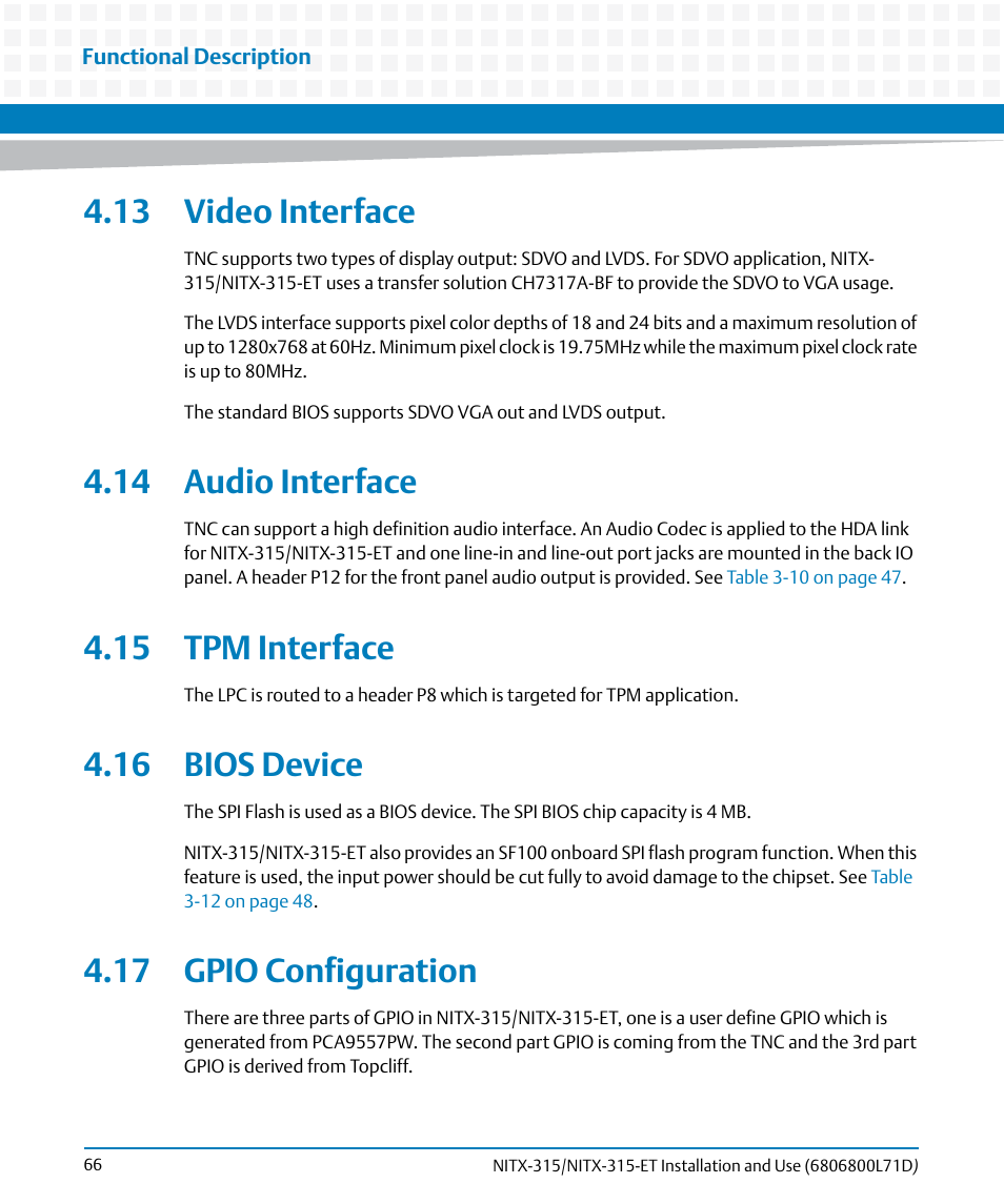 13 video interface, 14 audio interface, 15 tpm interface | 16 bios device, 17 gpio configuration | Artesyn NITX-315/NITX-315-ET Installation and Use (August 2014) User Manual | Page 66 / 122