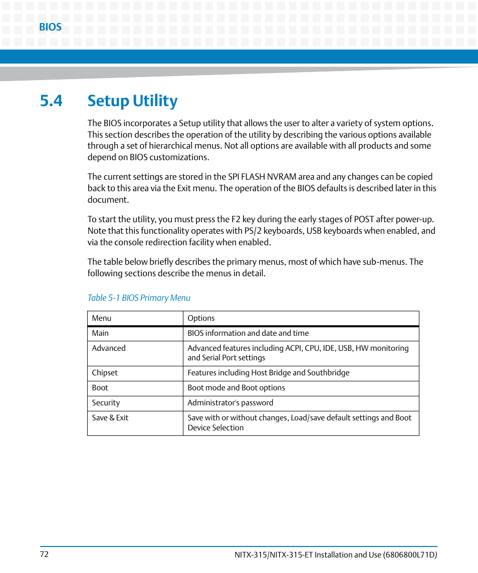 4 setup utility, Table 5-1, Bios primary menu | Bios | Artesyn NITX-315/NITX-315-ET Installation and Use (August 2014) User Manual | Page 72 / 122