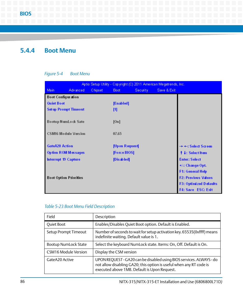 4 boot menu, Table 5-23, Boot menu field description | Figure 5-4, Boot menu, Bios | Artesyn NITX-315/NITX-315-ET Installation and Use (August 2014) User Manual | Page 86 / 122