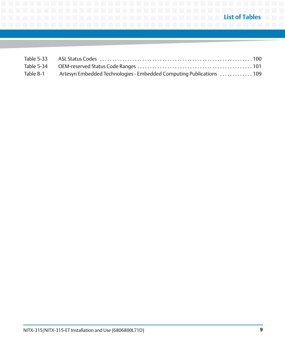 List of tables | Artesyn NITX-315/NITX-315-ET Installation and Use (August 2014) User Manual | Page 9 / 122