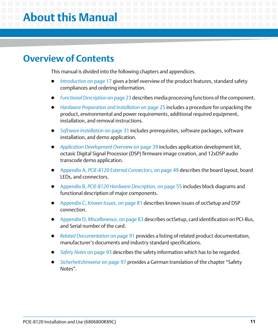 About this manual, Overview of contents | Artesyn PCIE-8120 Installation and Use (July 2014) User Manual | Page 11 / 102
