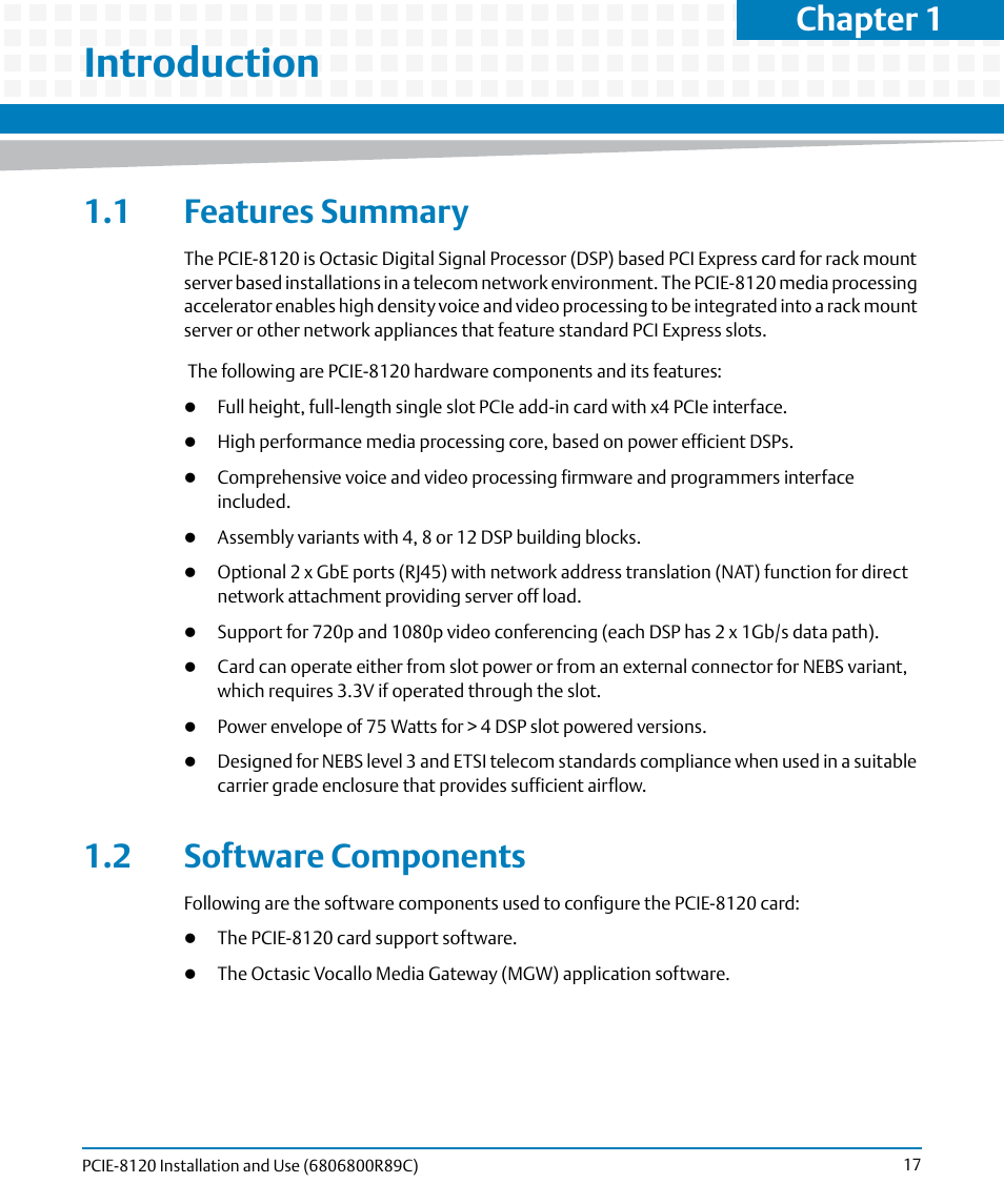 Introduction, 1 features summary, 2 software components | 1 features summary 1.2 software components, Chapter 1 | Artesyn PCIE-8120 Installation and Use (July 2014) User Manual | Page 17 / 102