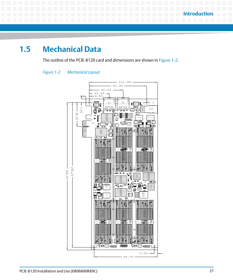 5 mechanical data, Figure 1-2, Mechanical layout | Introduction | Artesyn PCIE-8120 Installation and Use (July 2014) User Manual | Page 21 / 102