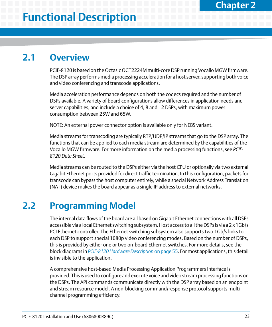 Functional description, 1 overview, 2 programming model | 1 overview 2.2 programming model, Chapter 2 | Artesyn PCIE-8120 Installation and Use (July 2014) User Manual | Page 23 / 102