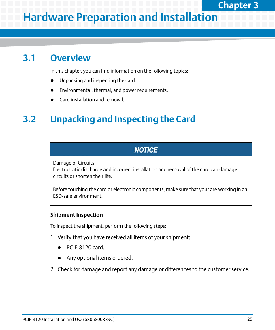 Hardware preparation and installation, 1 overview, 2 unpacking and inspecting the card | 1 overview 3.2 unpacking and inspecting the card, Chapter 3 | Artesyn PCIE-8120 Installation and Use (July 2014) User Manual | Page 25 / 102