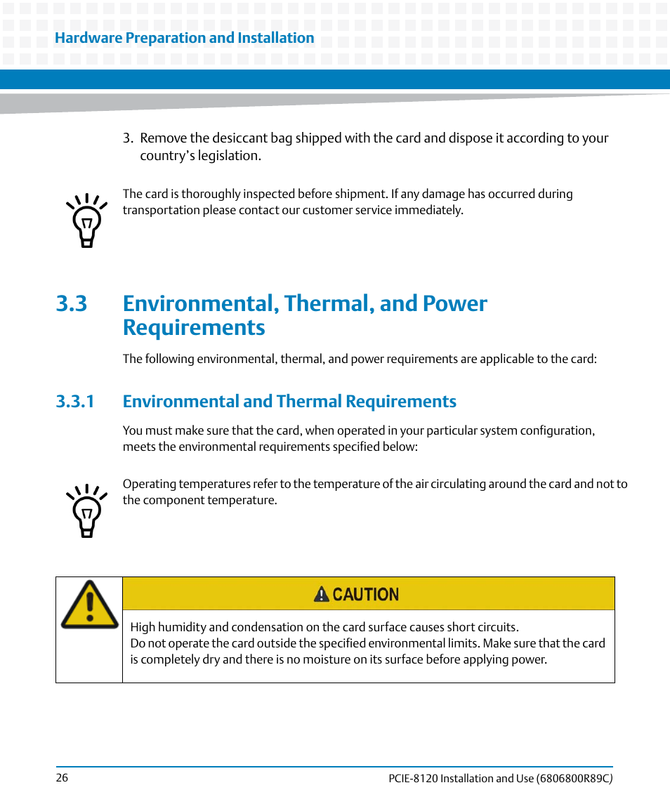 3 environmental, thermal, and power requirements, 1 environmental and thermal requirements | Artesyn PCIE-8120 Installation and Use (July 2014) User Manual | Page 26 / 102