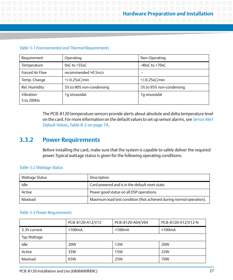 2 power requirements, Table 3-1, Environmental and thermal requirements | Table 3-2, Wattage status, Table 3-3, Power requirements, Hardware preparation and installation | Artesyn PCIE-8120 Installation and Use (July 2014) User Manual | Page 27 / 102