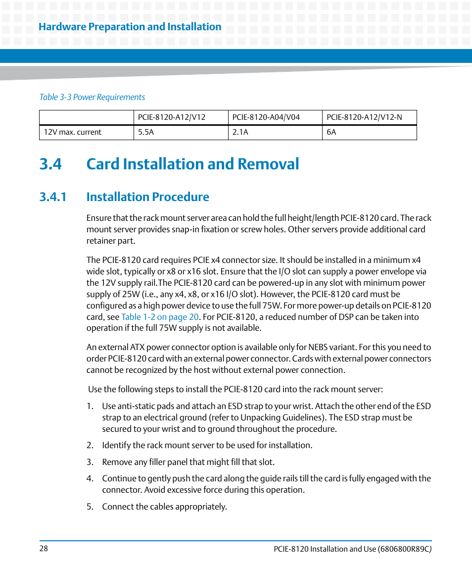 4 card installation and removal, 1 installation procedure | Artesyn PCIE-8120 Installation and Use (July 2014) User Manual | Page 28 / 102