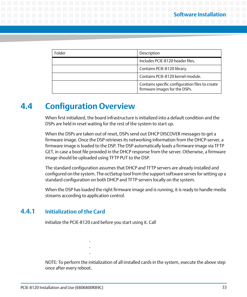 4 configuration overview, 1 initialization of the card | Artesyn PCIE-8120 Installation and Use (July 2014) User Manual | Page 33 / 102