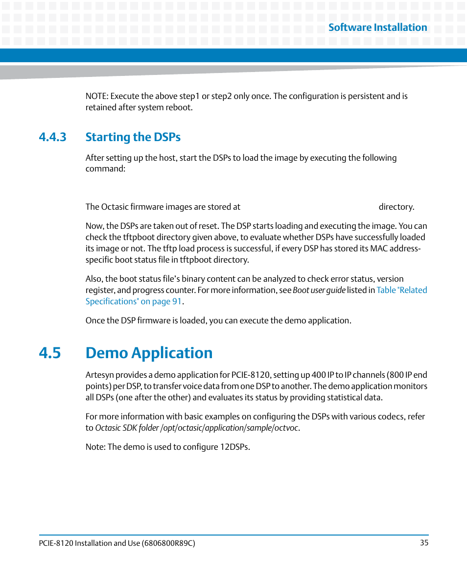 3 starting the dsps, 5 demo application | Artesyn PCIE-8120 Installation and Use (July 2014) User Manual | Page 35 / 102