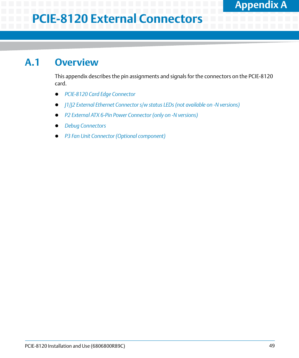 A pcie-8120 external connectors, A.1 overview, Pcie-8120 external connectors | Appendix a | Artesyn PCIE-8120 Installation and Use (July 2014) User Manual | Page 49 / 102