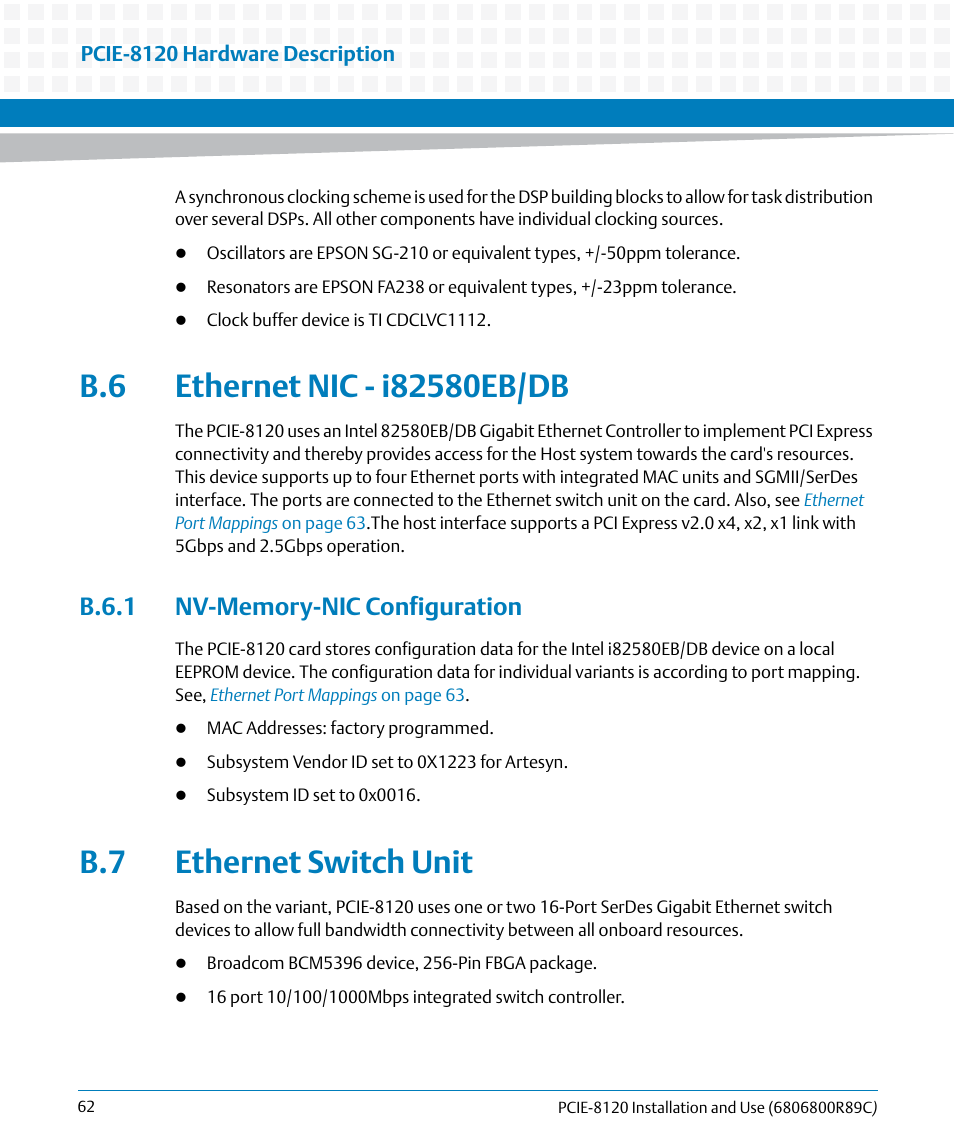 B.6 ethernet nic - i82580eb/db, B.6.1 nv-memory-nic configuration, B.7 ethernet switch unit | Ethernet nic - i82580eb/db, Ethernet switch unit | Artesyn PCIE-8120 Installation and Use (July 2014) User Manual | Page 62 / 102