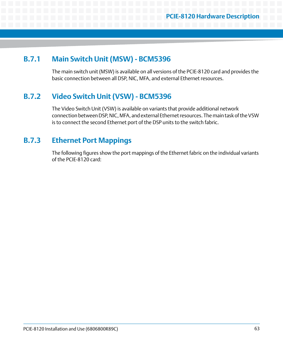 B.7.1 main switch unit (msw) - bcm5396, B.7.2 video switch unit (vsw) - bcm5396, B.7.3 ethernet port mappings | Ethernet, Port mappings, Ethernet port mappings | Artesyn PCIE-8120 Installation and Use (July 2014) User Manual | Page 63 / 102