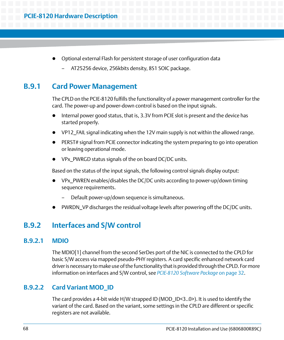 B.9.1 card power management, B.9.2 interfaces and s/w control, B.9.2.1 mdio | B.9.2.2 card variant mod_id, Card power management | Artesyn PCIE-8120 Installation and Use (July 2014) User Manual | Page 68 / 102