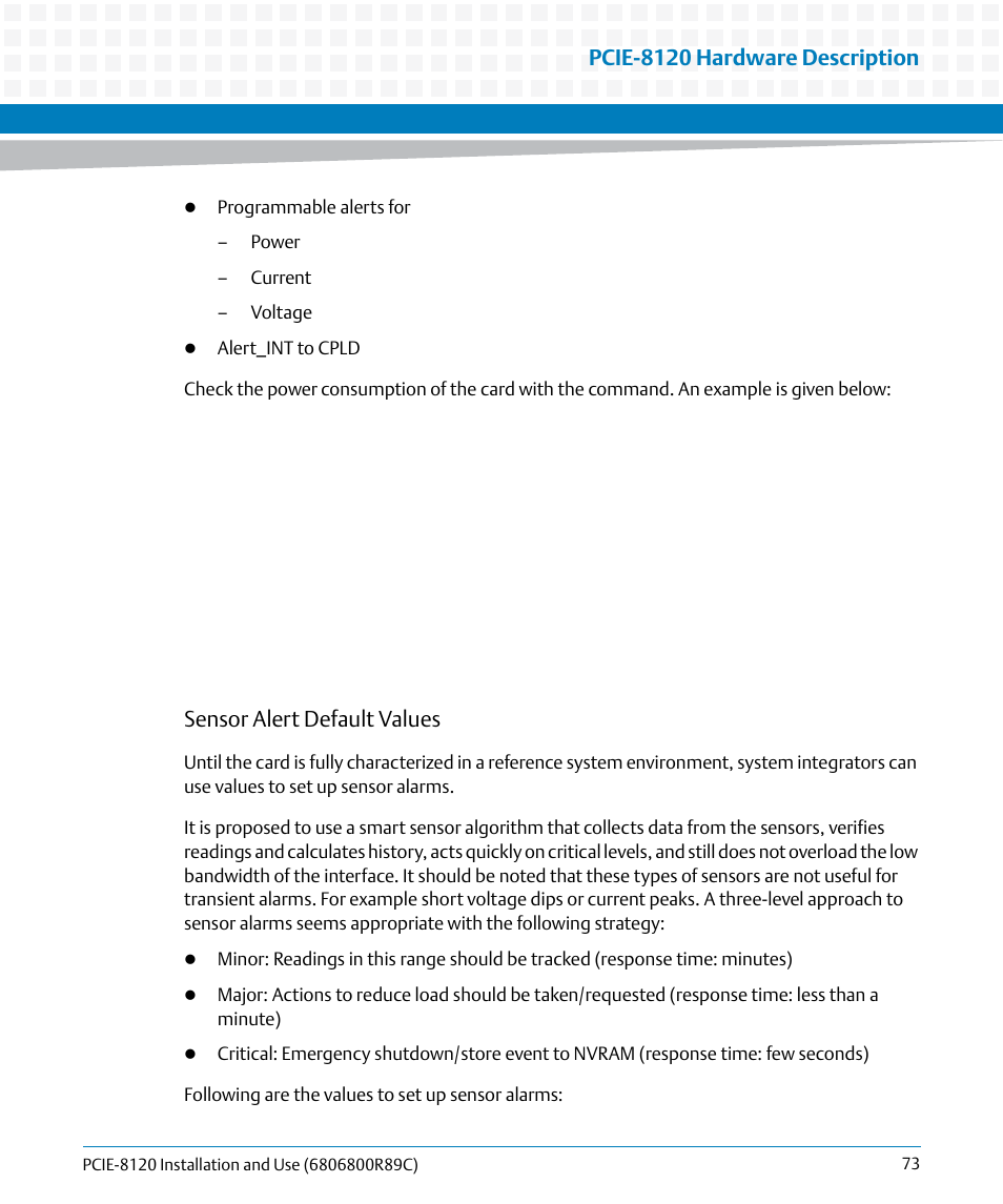 Sensor alert default values, Pcie-8120 hardware description | Artesyn PCIE-8120 Installation and Use (July 2014) User Manual | Page 73 / 102