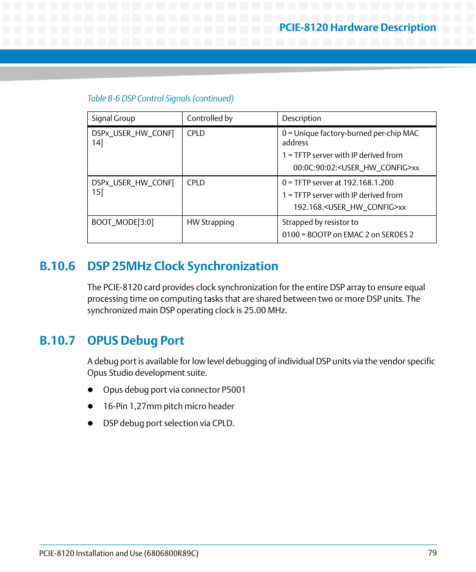 B.10.6 dsp 25mhz clock synchronization, B.10.7 opus debug port, Opus debug port | Pcie-8120 hardware description | Artesyn PCIE-8120 Installation and Use (July 2014) User Manual | Page 79 / 102