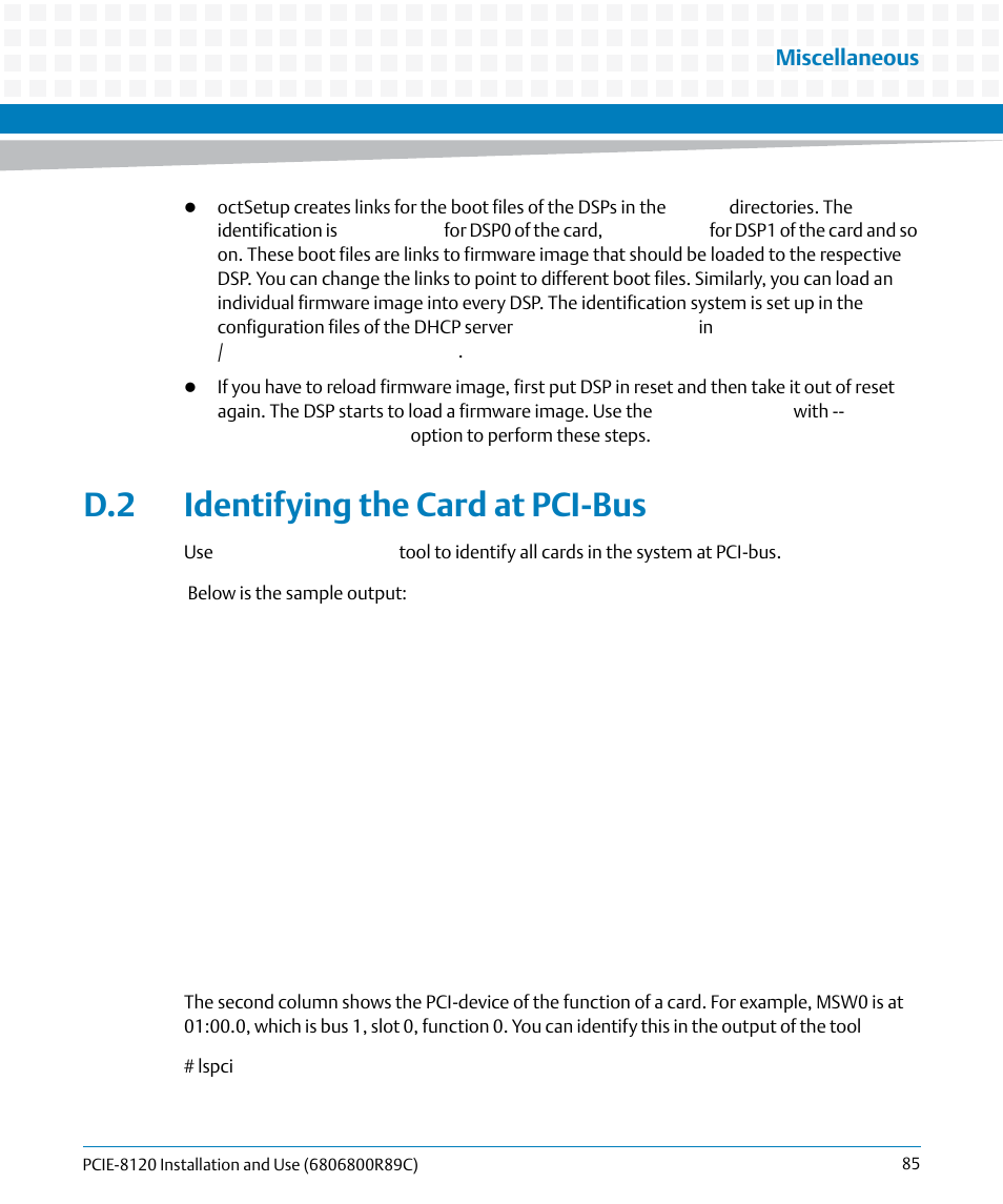 D.2 identifying the card at pci-bus, Identifying the card at pci | Artesyn PCIE-8120 Installation and Use (July 2014) User Manual | Page 85 / 102