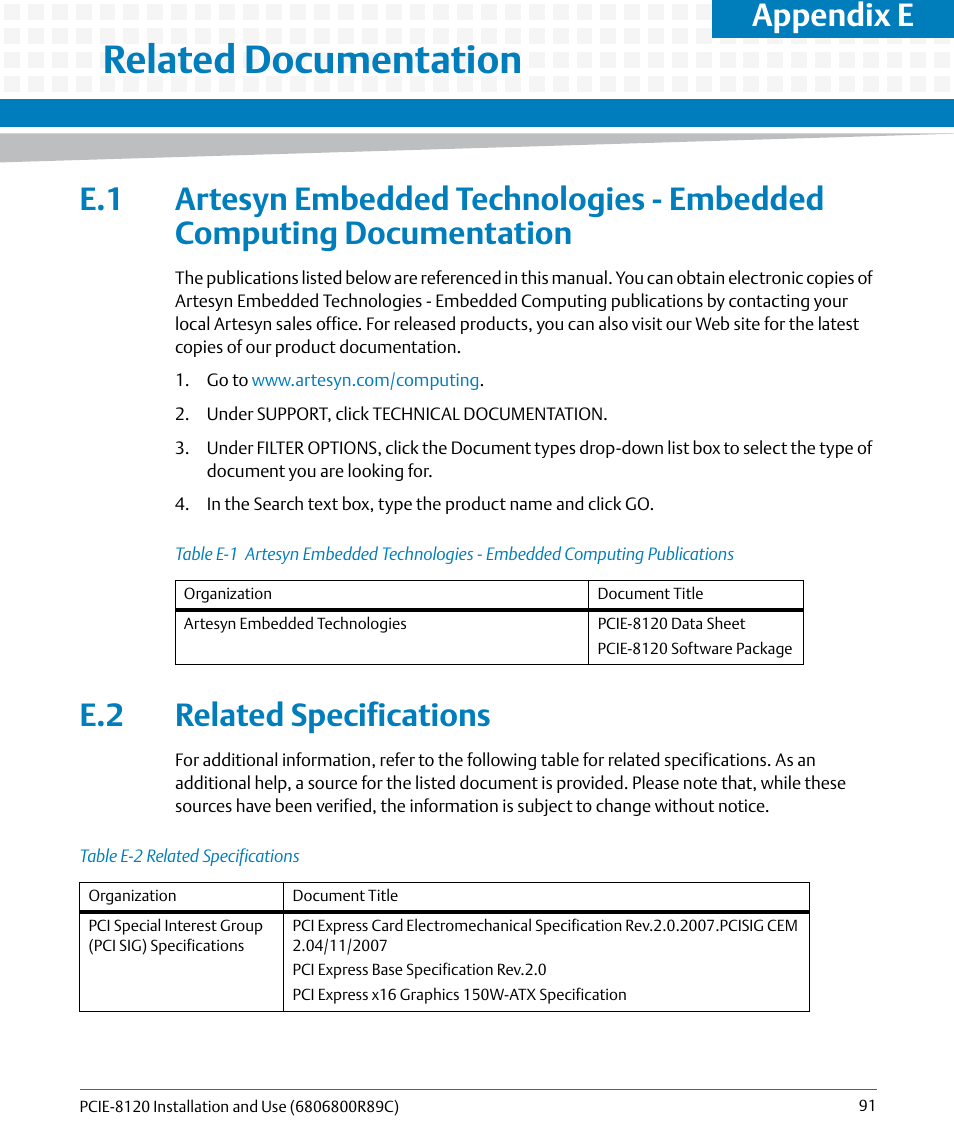 E related documentation, E.2 related specifications, Related documentation | Related specifications, Table e-1, Table e-2, Ed in, Table "related specifications, Table "related, Also | Artesyn PCIE-8120 Installation and Use (July 2014) User Manual | Page 91 / 102