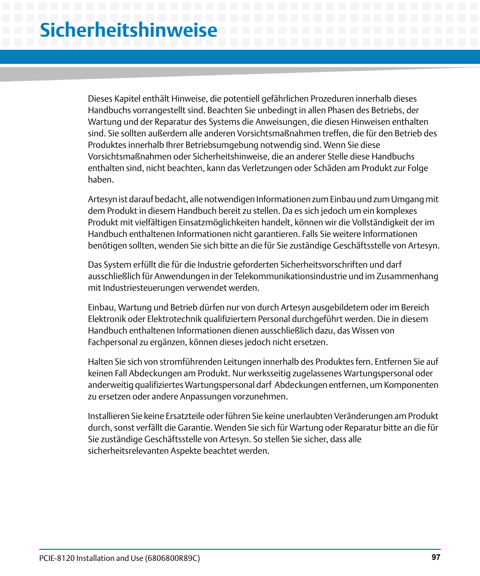 Sicherheitshinweise | Artesyn PCIE-8120 Installation and Use (July 2014) User Manual | Page 97 / 102