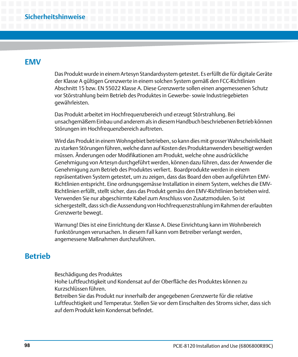 Betrieb | Artesyn PCIE-8120 Installation and Use (July 2014) User Manual | Page 98 / 102