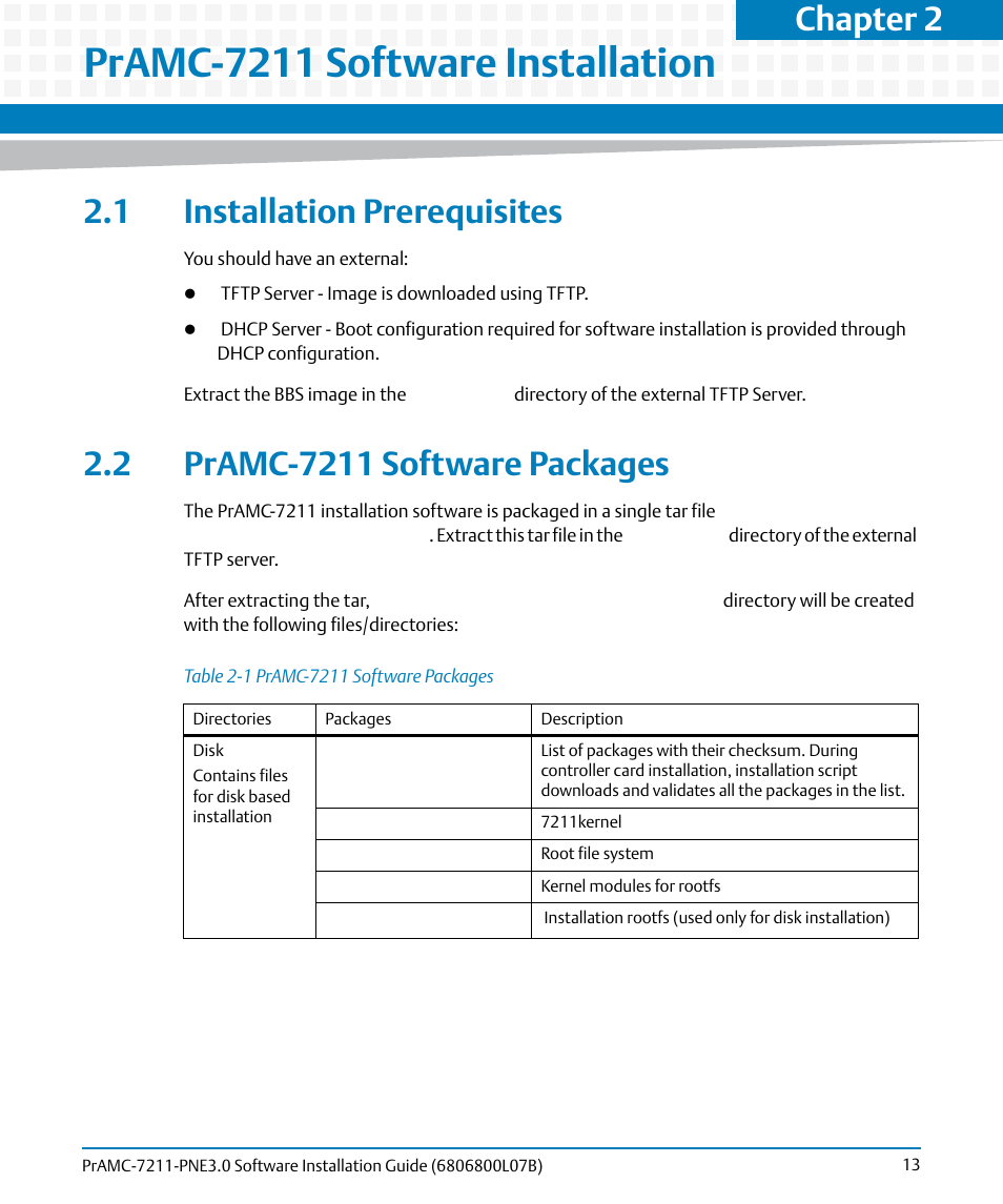 Pramc-7211 software installation, 1 installation prerequisites, 2 pramc-7211 software packages | Table 2-1, Pramc-7211 software packages, Chapter 2 | Artesyn PrAMC-7211 PNE3.0 Software Installation Guide (June 2014) User Manual | Page 13 / 70