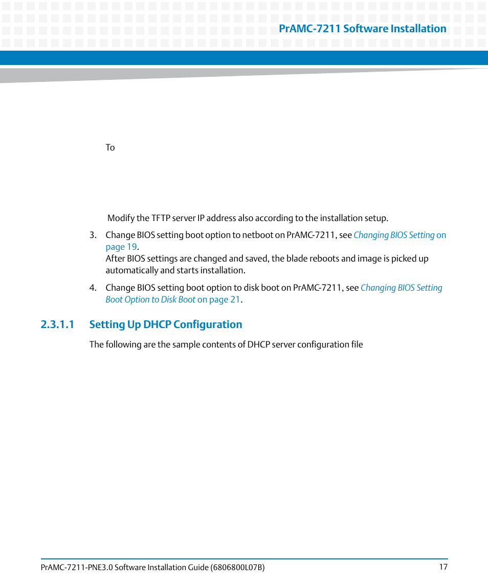 1 setting up dhcp configuration, Setting up dhcp configuration, Pramc-7211 software installation | Artesyn PrAMC-7211 PNE3.0 Software Installation Guide (June 2014) User Manual | Page 17 / 70
